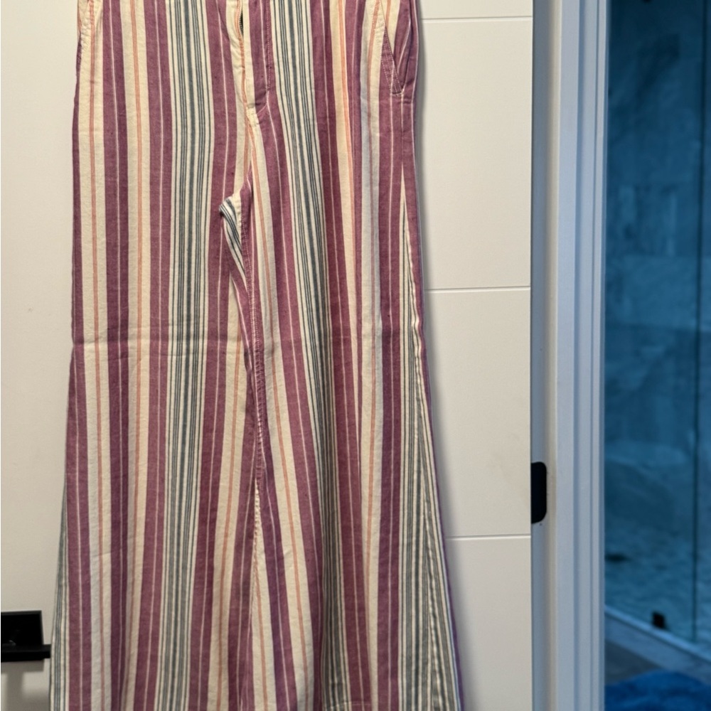 Anthropologie Linen Striped Pants in Pink, Purple, Green, and Tan.